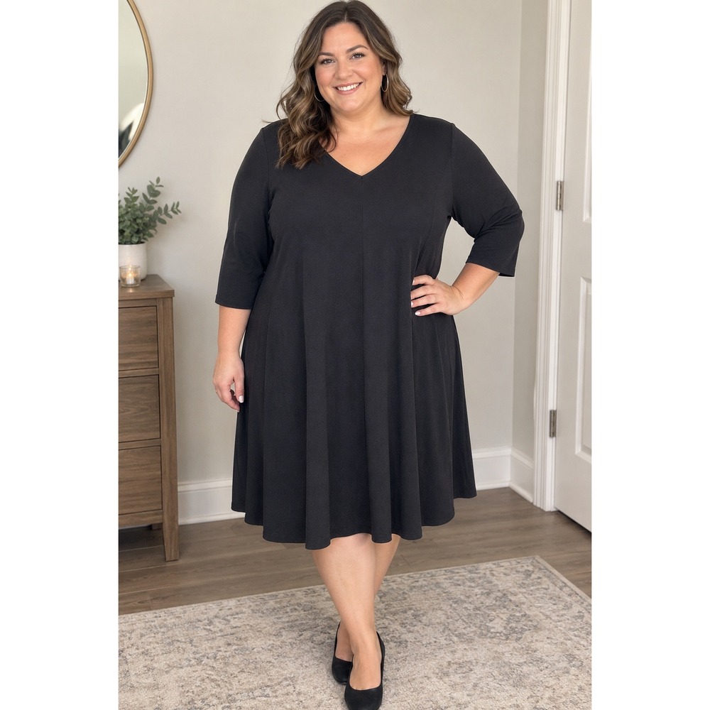 Lane Bryant Black V-Neck Fit and Flare Dress 3/4 Sleeve Exposed Zipper 14/16